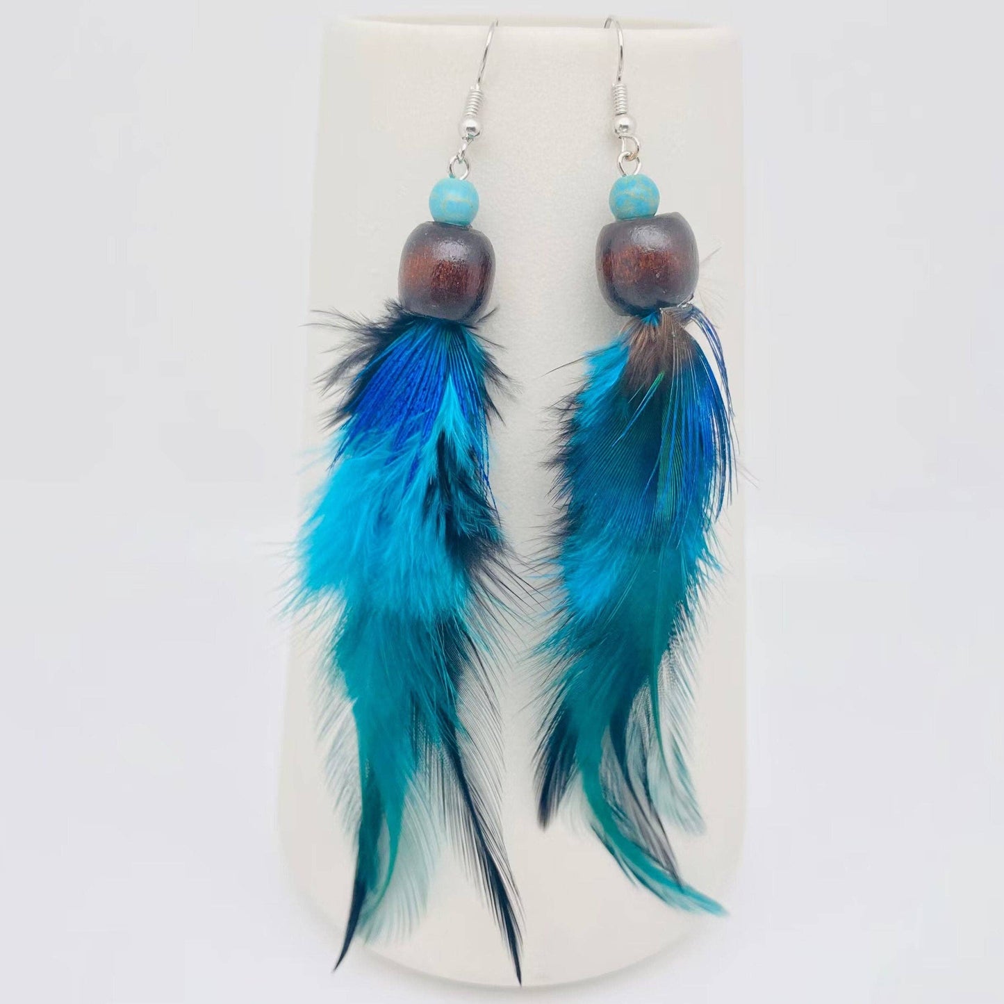 Wooden Bead Feather Dangle Earrings Silver Tone Metal
