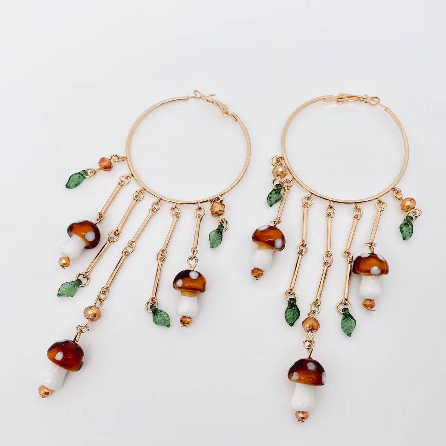 Mushroom Charm Tassel Large Ring Hoop Earrings Gold Tone Metal Acrylic Nickel Free Lead Free Gift for Her Mio Queena