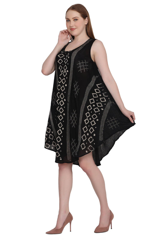Umbrella Dress in Black with Natural Block Print