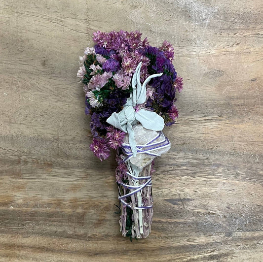 6" Pink & Purple floral smudge wand with sage and quartz crystal, adding magic to your cleansing rituals.