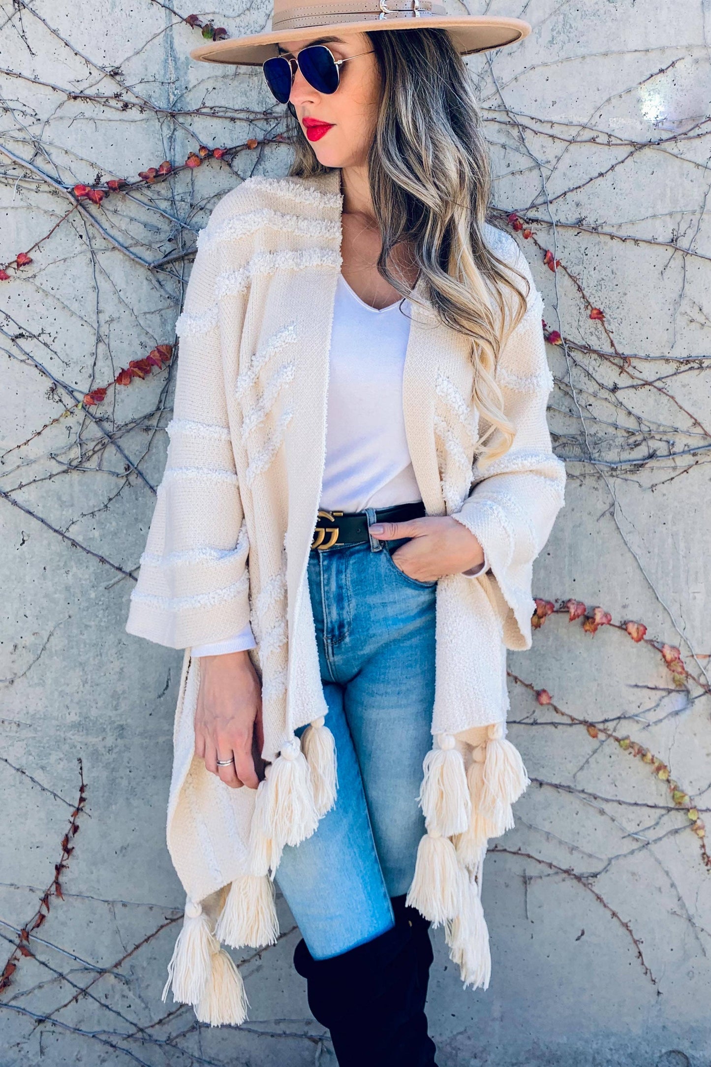 Cream Textured Knit Tassel Kimono Cardigan With Western Pattern And Chunky Tassels For Women Amoli
