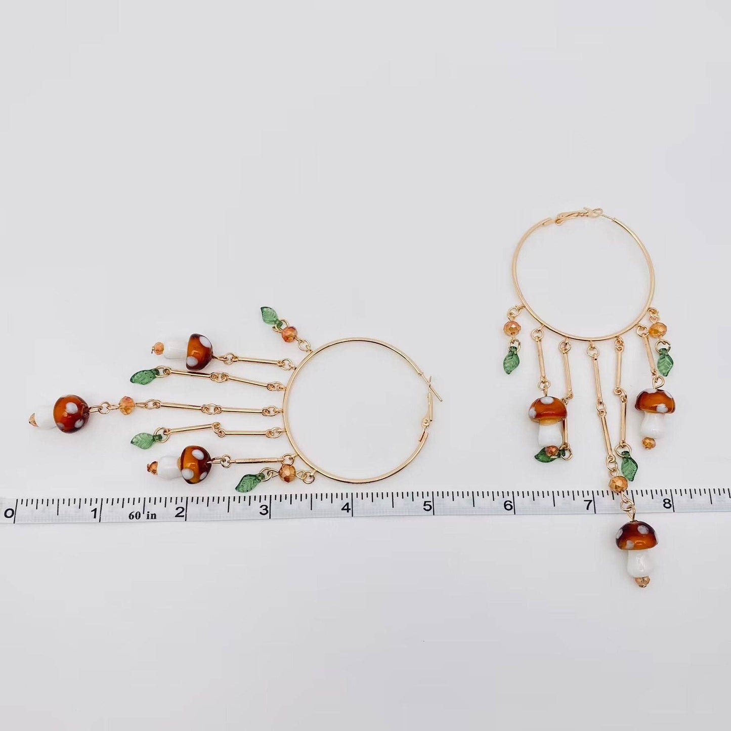 Mushroom Charm Tassel Large Ring Hoop Earrings Gold Tone Metal Acrylic Nickel Free Lead Free Gift for Her Mio Queena