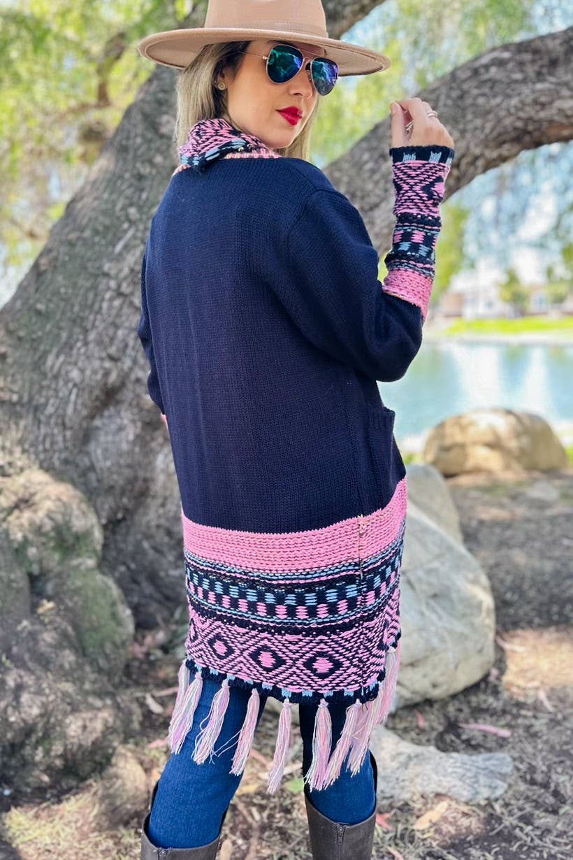 Navy Aztec Printed Knit Cardigan With Open Front Pockets Lightweight Acrylic Layering Piece
