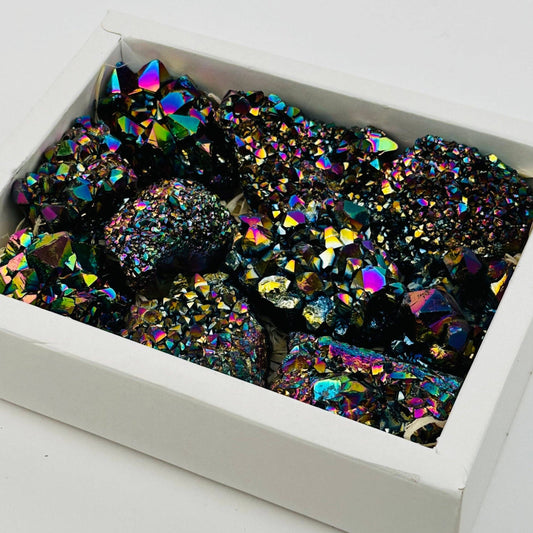 Stunning Amethyst Rainbow Titanium Crystal box set showcasing vibrant colors and natural elegance for crystal lovers.
