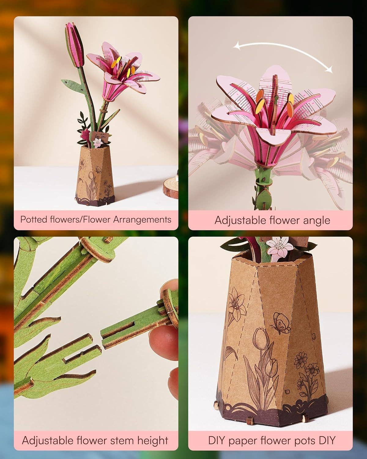Pink Lily Rosewood DIY Wooden Flower Bouquet 3D