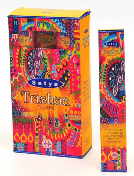 Vibrant packaging of Satya- Trishaa Nag Champa incense by the Genuine Nag Champa Company, perfect for relaxation.
