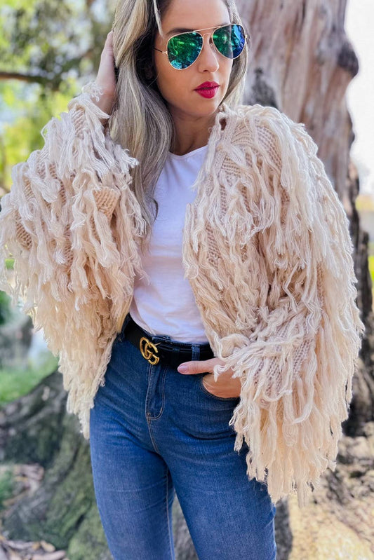 Amoli Cream Shaggy Fringe Handmade Knit Sweater Cardigan Open Front Boho Chic Cozy Layering For Fall And Winter