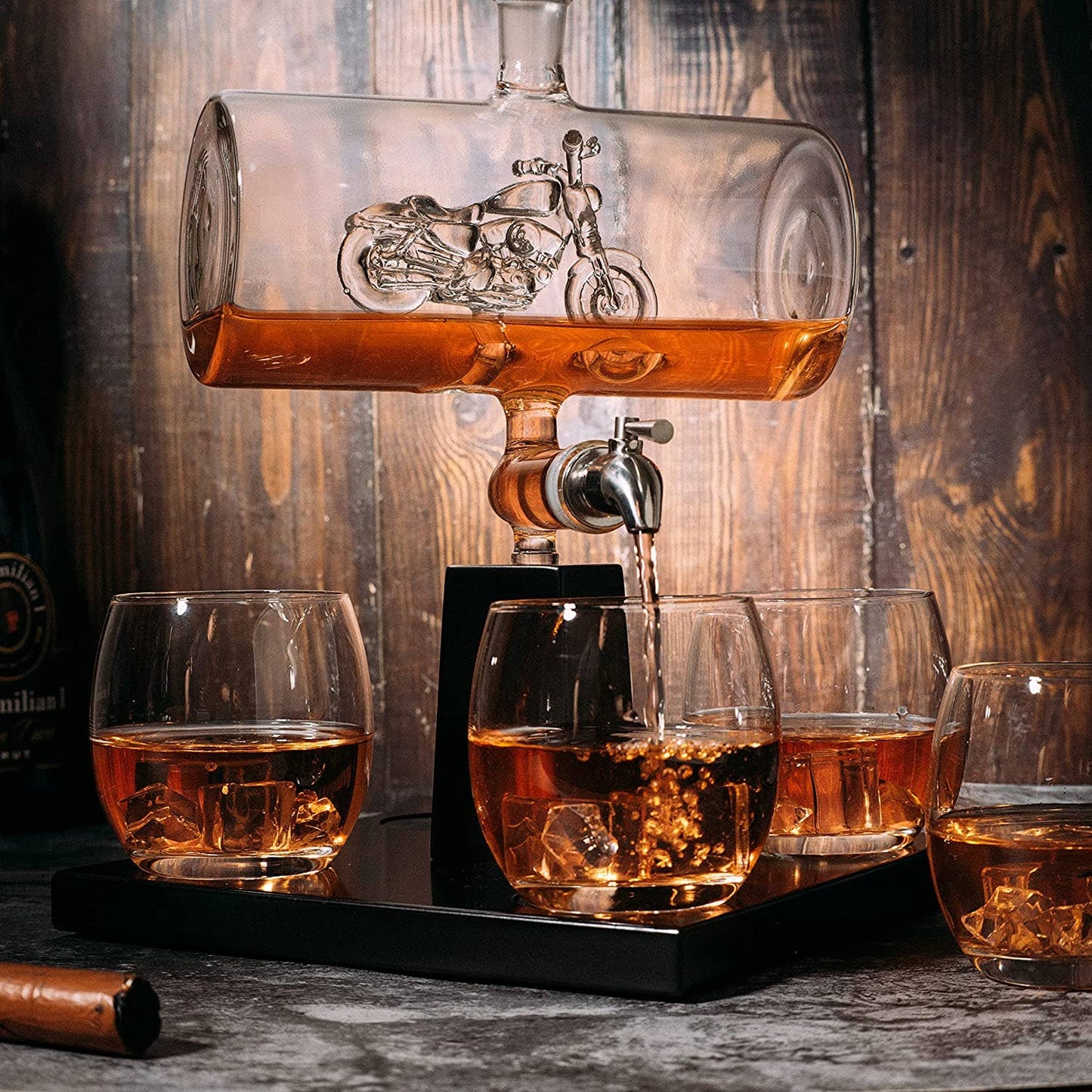 Motorcycle Decanter Set For Whiskey And Wine 1100ml Hand Blown Glass With Spigot