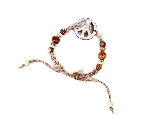 PEACE WOOD & BONE BEADED HEMP BRACELET