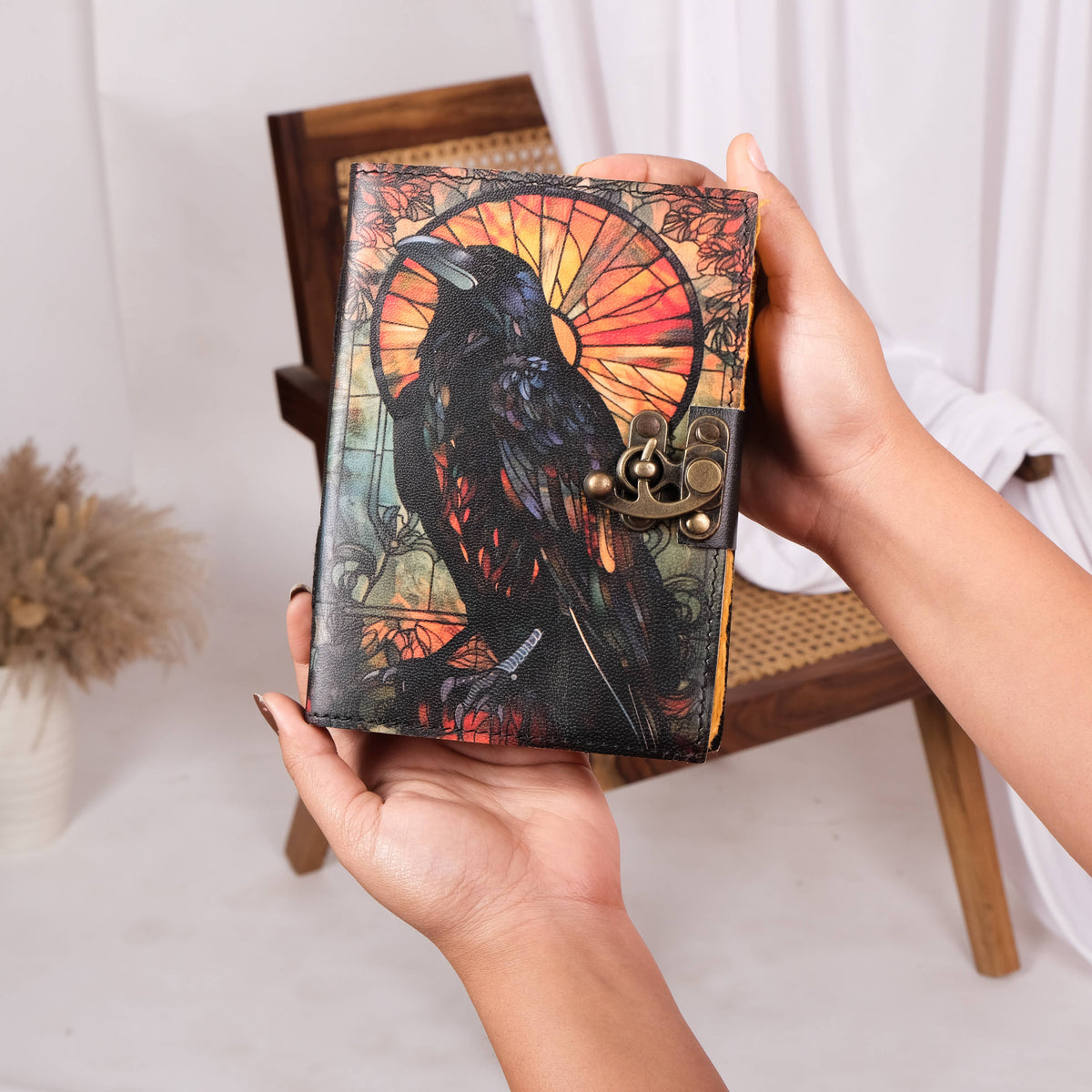 Leather Journal Blank Vintage Notebook With Crow UV Print Travel Gift Writers