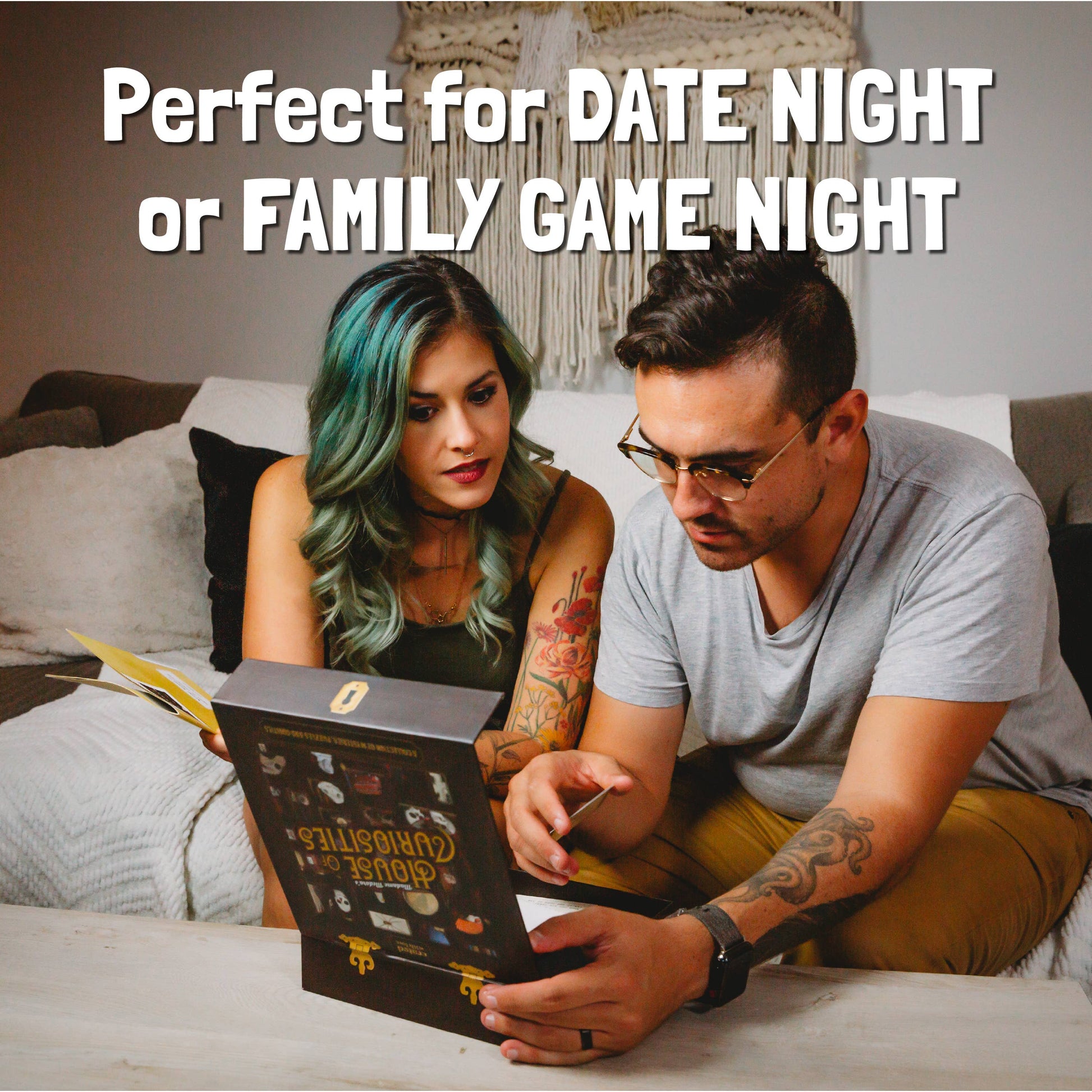 Couple enjoying the Madame Medora's House of Curiosities Escape-Room Board Game for a fun game night experience.