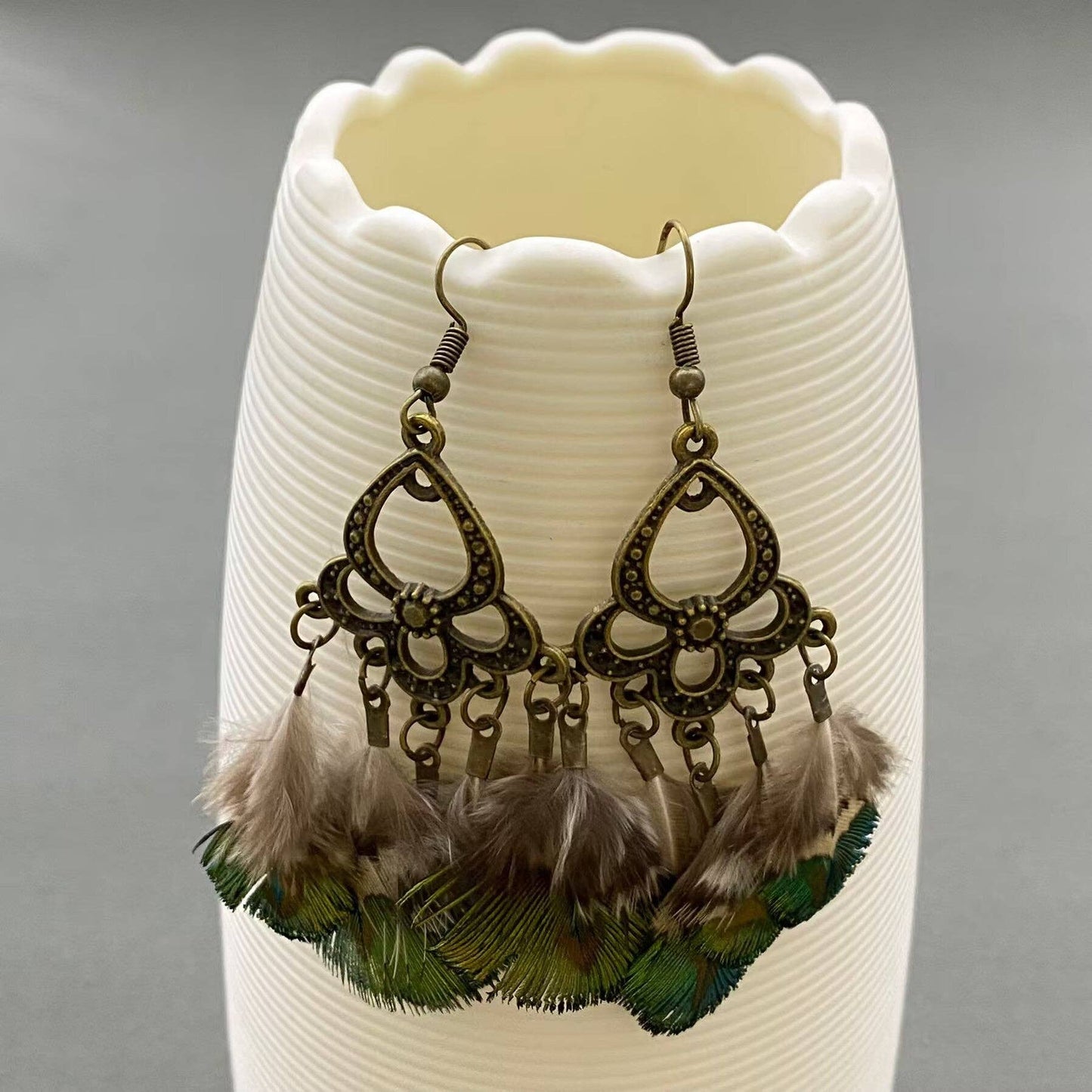 Vintage Peacock Feather Dangle Earrings