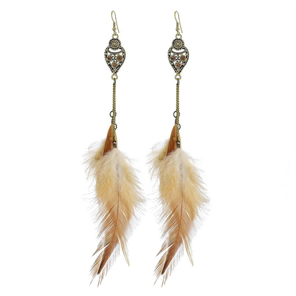 Feather earrings with decorative elements on a white background