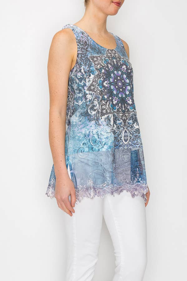 Soft Relaxed Tank With Delicate Floral Laced Hem NAVY