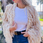 Amoli Cream Shaggy Fringe Handmade Knit Sweater Cardigan Open Front Boho Chic Cozy Layering For Fall And Winter