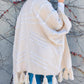 Cream Textured Knit Tassel Kimono Cardigan With Western Pattern And Chunky Tassels For Women Amoli