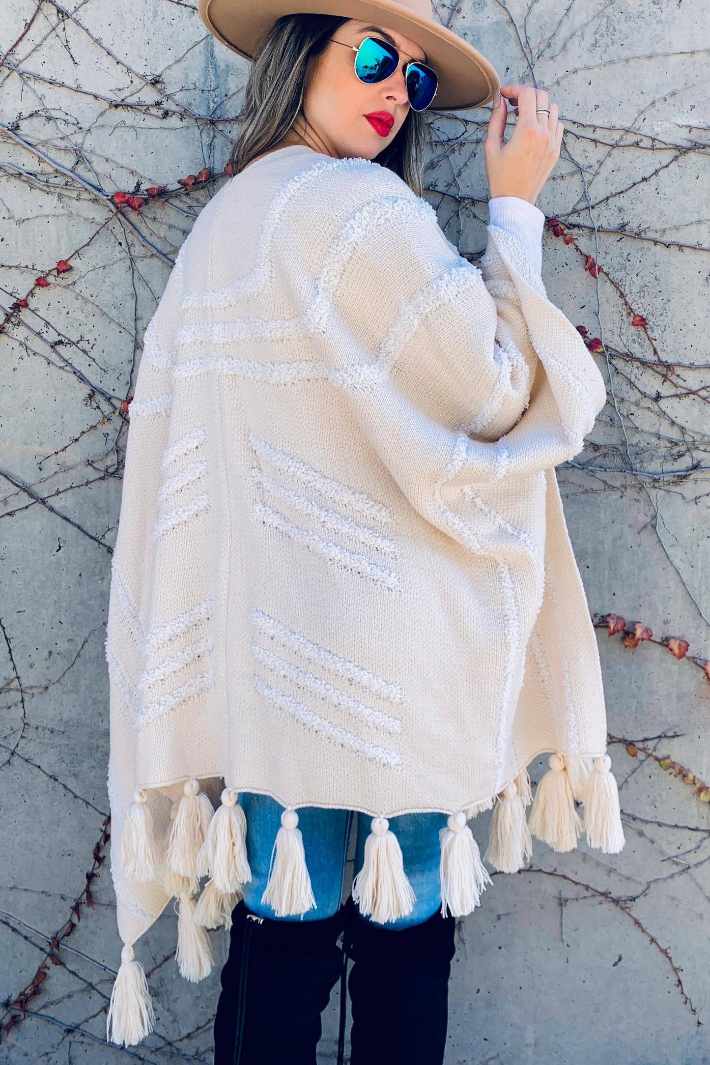 Cream Textured Knit Tassel Kimono Cardigan With Western Pattern And Chunky Tassels For Women Amoli
