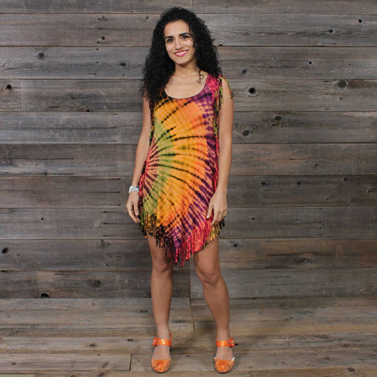 Boho Hippie Fringe Mini Dress Hand Tie Dye, Flowy, Soft