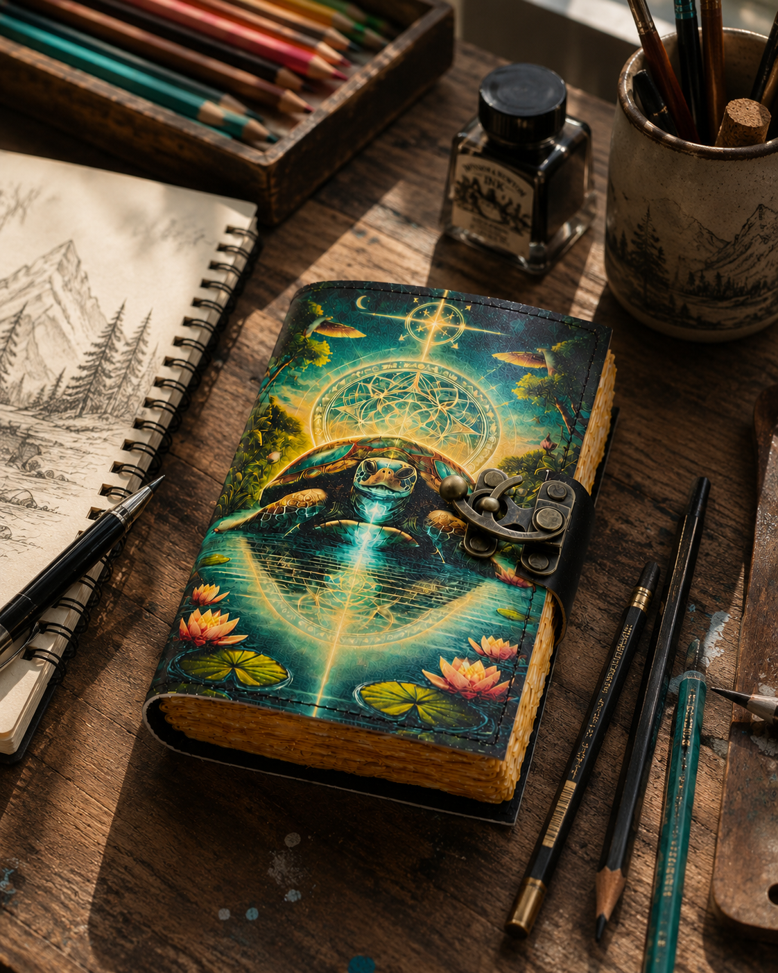 Mystic Turtle Leather Journal Handmade With Brass Lock And Deckle Edge Pages