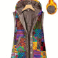 Colorful patterned vest with a wooden hanger on a white background