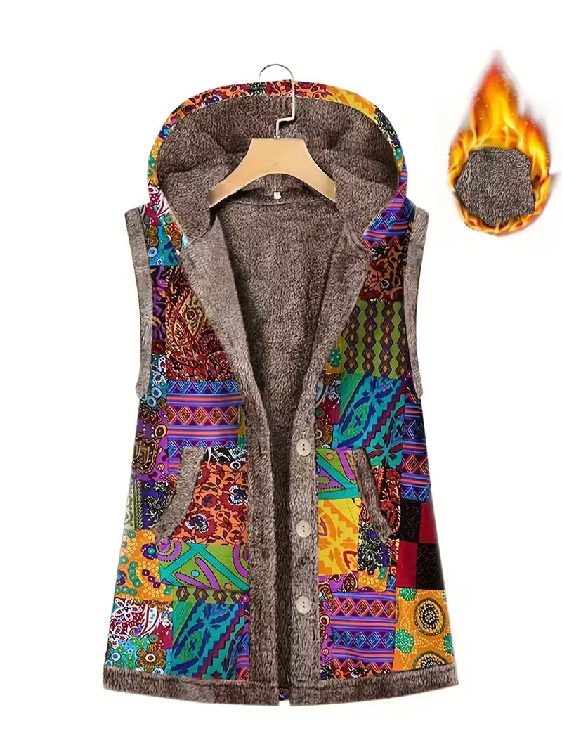 Colorful patterned vest with a wooden hanger on a white background