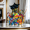 Colorful Graffiti Style Couple Cat Resin Statue Blue Eyes