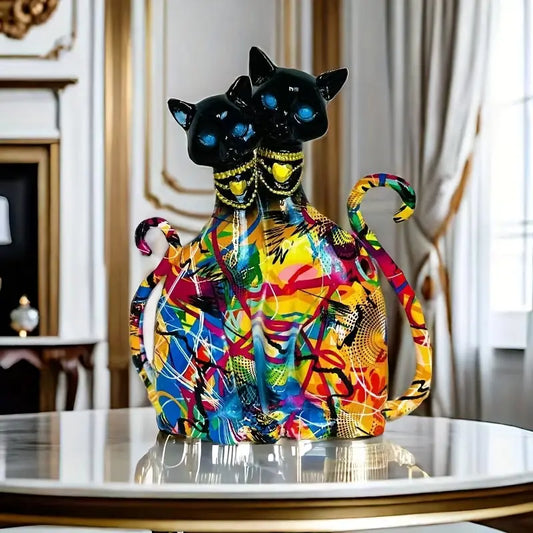 Colorful Graffiti Style Couple Cat Resin Statue Blue Eyes