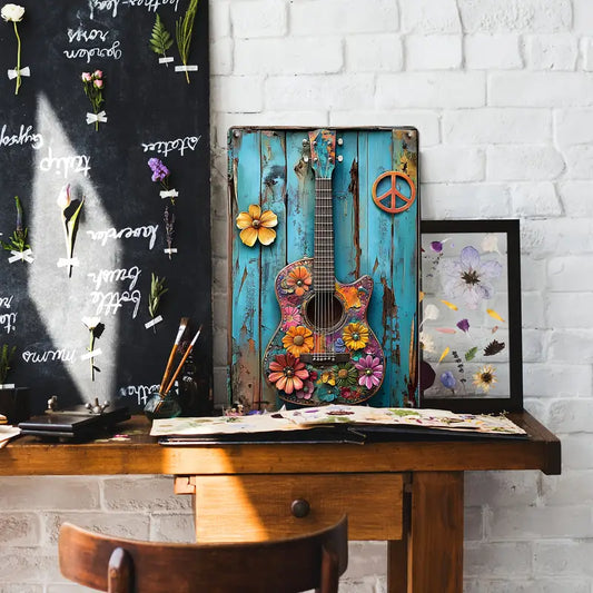 Retro Guitar Floral Design Vibrant Colors Wall Art 8x12