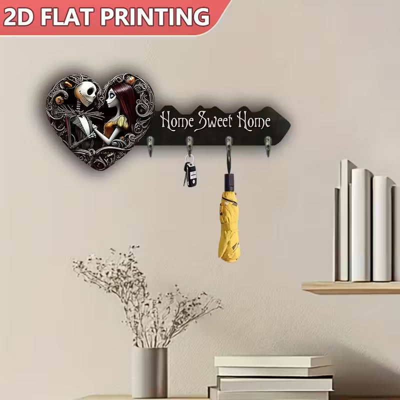Decorative wall hooks with heart design and 'Home Sweet Home' text, featuring a yellow umbrella and books on a shelf.