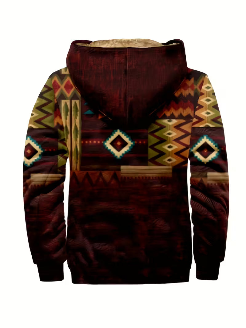 Ethnic Hooded Zip Up Jacket Cozy Fleece Lined Geometric Pattern Outerwear For Men