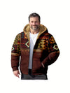 Ethnic Hooded Zip Up Jacket Cozy Fleece Lined Geometric Pattern Outerwear For Men