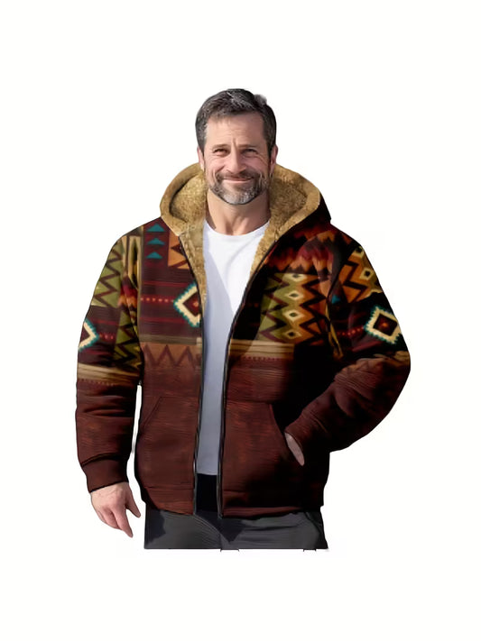 Ethnic Hooded Zip Up Jacket Cozy Fleece Lined Geometric Pattern Outerwear For Men