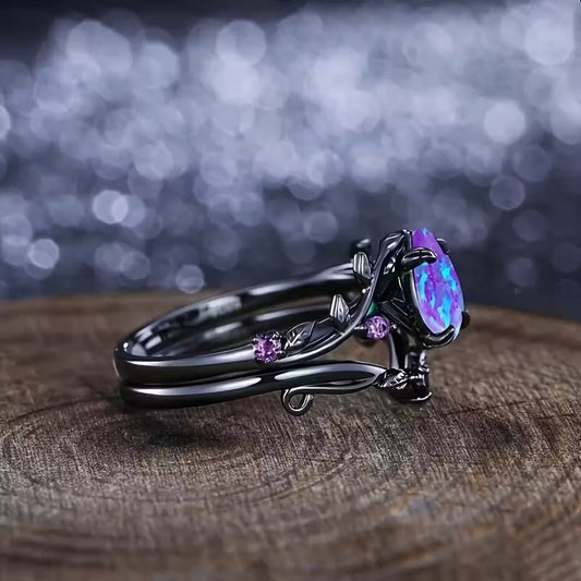 Set of 2 Elegant Water Drop Synthetic Opal Vine Leaf Rings