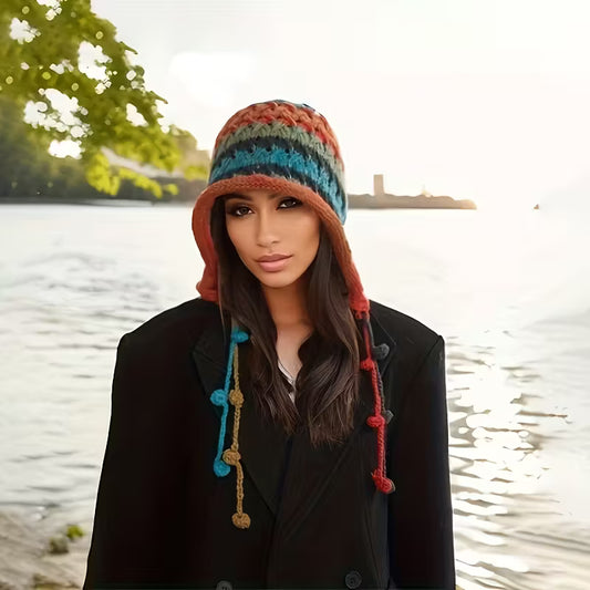 Woman wearing a colorful knitted hat by a body of water