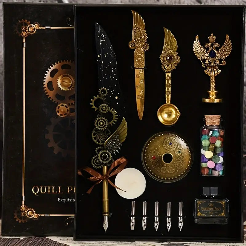 Vintage Winged Feather Pen Set Deluxe Steampunk Gift Box