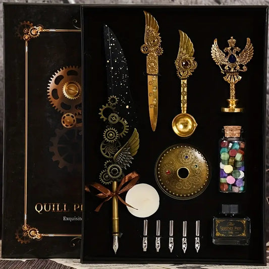 Vintage Winged Feather Pen Set Deluxe Steampunk Gift Box