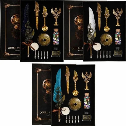 Vintage Winged Feather Pen Set Deluxe Steampunk Gift Box