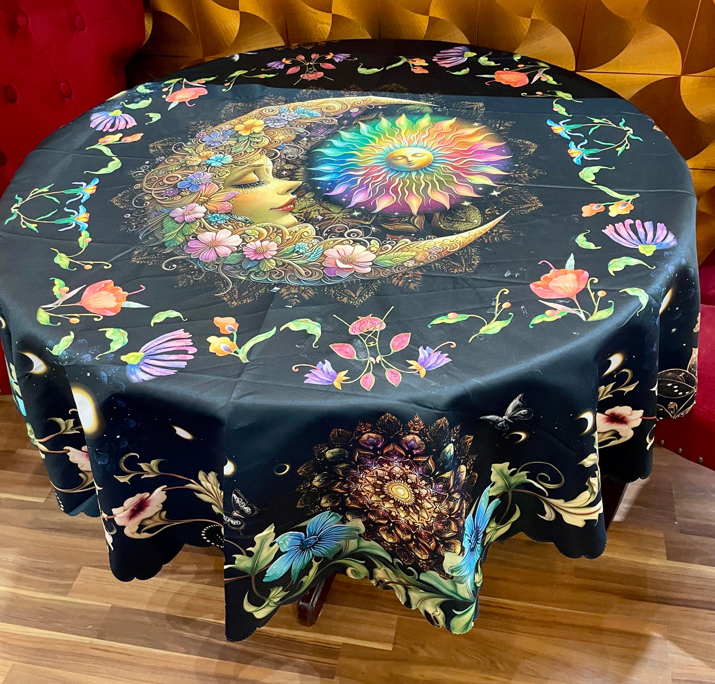 Moon Nite Round Tablecloth Celestial Night Sky Design For Intimate Dinners
